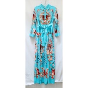 Bohemian print maxi dress 6 8 M boho festival zipped blue crown beaded embellish